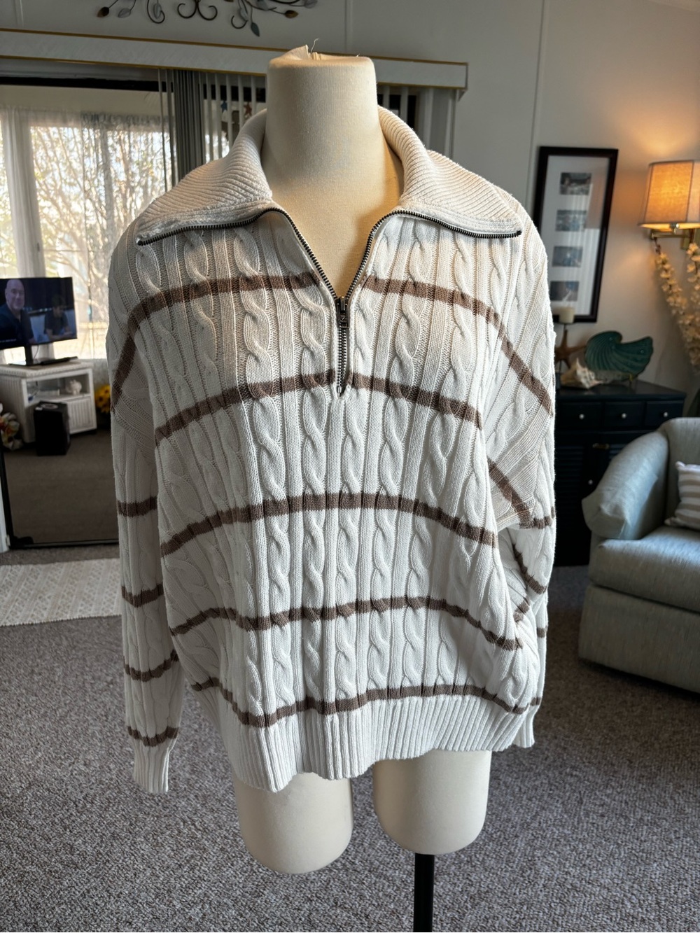 Hollister Cream Cable-Knit Half-Zip Sweater with Brown Stripes